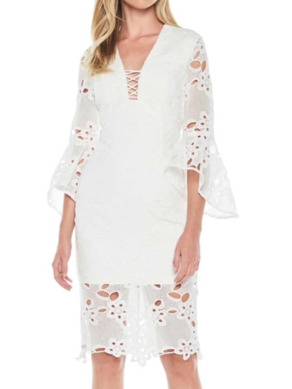 Bardot NWT Indra white lace midi sheath bell sleeve dress US 10/L bridal